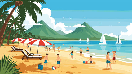 Obraz premium Vibrant tropical beach landscape filled with palm trees, families playing in the sand, people swimming, and white sailboats on the calm ocean.