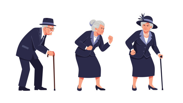 Three grumpy elderly characters including a man and two women wearing business attire while expressing anger and shaking their fists.
