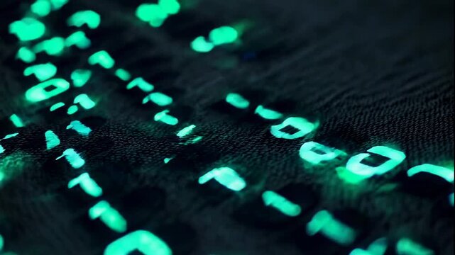 A video showcasing a mesmerizing display of green binary code on a dark background, highlighting the beauty of digital technology in motion.