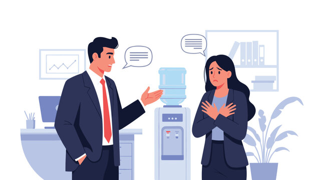 Tense office interaction where a male manager in a suit talks sternly to a concerned female employee near a water cooler.