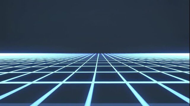 A futuristic video of a neon blue grid pattern on a dark background, creating a sense of depth and technology in a virtual environment.