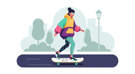 Obraz premium Young rider skateboarding on a park path with trees in the background.