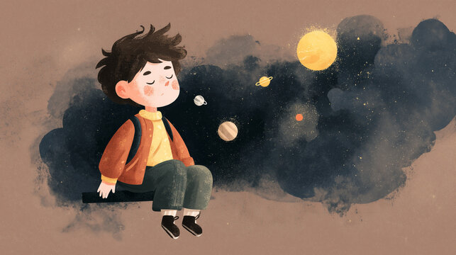 un enfant assis entrain d'imaginer des plan&egrave;tes 