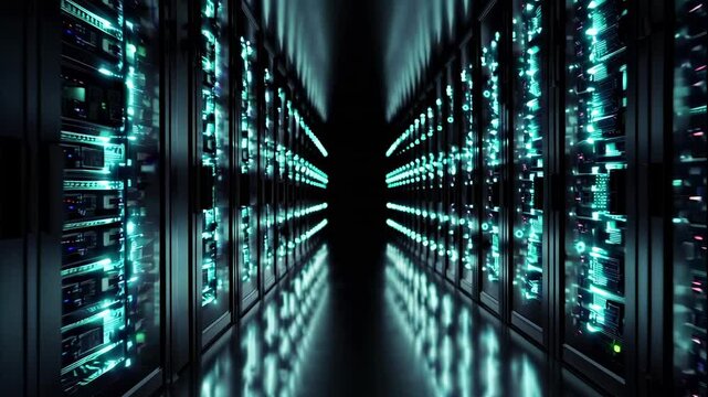 A video showcasing rows of computer servers in a dark data center with blue lights illuminating the equipment.