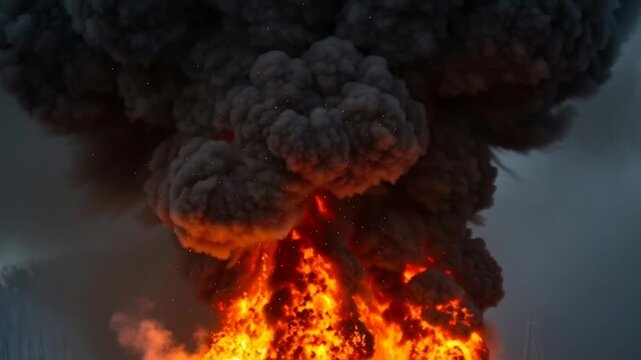 Dramatic volcanic eruption with massive ash cloud and fiery lava