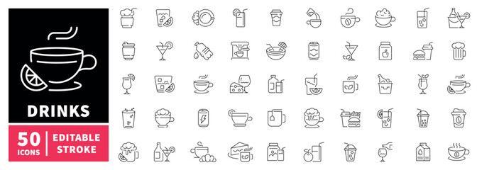 Drinks editable line icons set. Refreshments and beverage symbols © Jocelyn_Flores
