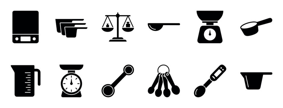 Set of black kitchen measuring tool icons including scales, spoons, and cups for cooking and baking presented in a clean, minimalist graphic style for culinary concepts