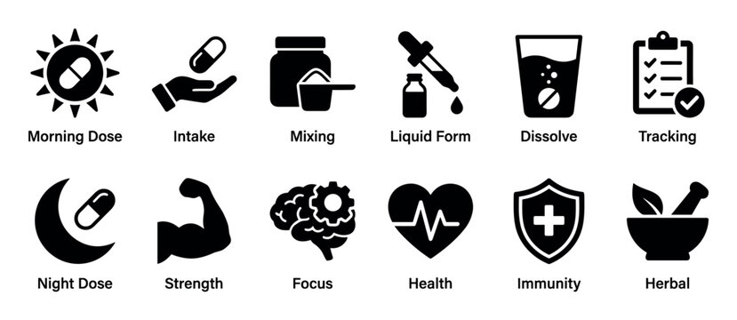 Set of black glyph icons representing supplement intake, health benefits, and dosage instructions like morning dose, strength, immunity, focus, and herbal remedies for wellness