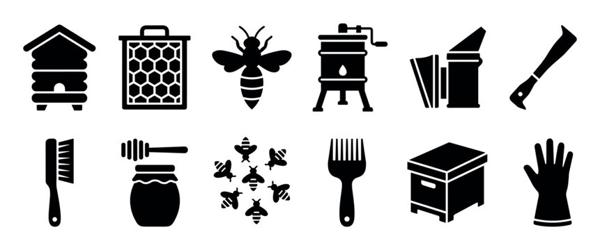 Beekeeping and honey production black glyph icons set featuring a beehive, honeycomb, bee, smoker, extractor, and other apiary equipment for beekeepers in a minimalist vector style