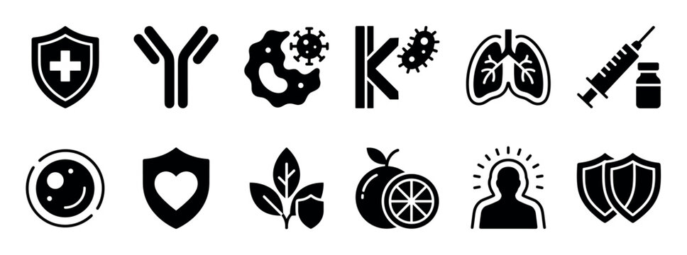 Black solid icons collection for immune system concepts showing antibody, vaccine, virus, lungs, shield, and cell protection symbols for medical and health design elements