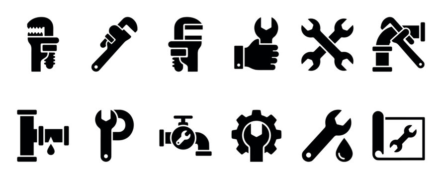 Collection of black plumbing and repair service icons featuring various tools like wrenches, pipes, and gears for maintenance and handyman work in a simple glyph style