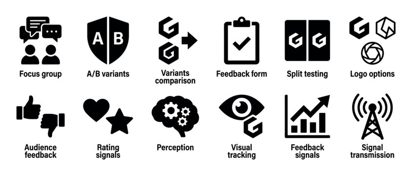 Set of black glyph icons representing user feedback, A/B split testing, market research, and data analysis concepts for UX and UI design projects