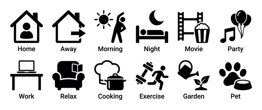 Set of black daily routine icons representing various activities like home, work, exercise, cooking, and relaxation in a simple glyph style for user interface design