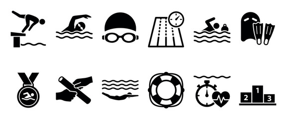 Fototapeta premium Black swimming and water sports icon set showing various activities like diving, racing, and water polo with equipment like goggles, fins, and a lifebuoy for competition and recreation
