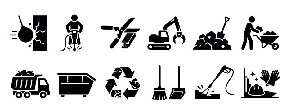 Black demolition and construction work icon set featuring machinery like a wrecking ball and excavator, workers, cleanup tools, and safety equipment for building deconstruction