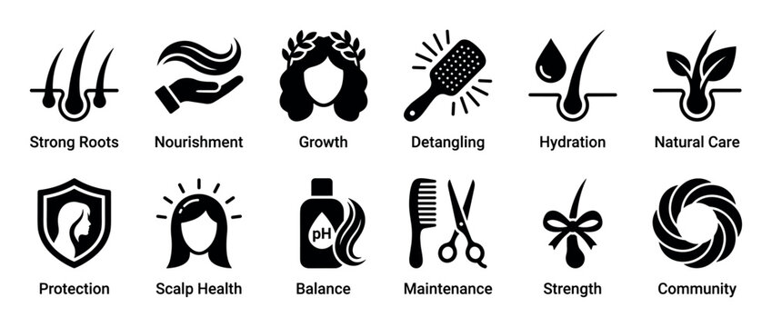Hair care icon set with twelve symbols for strong roots, nourishment, growth, detangling, hydration, and natural care, presented in a clean, minimalist black glyph style