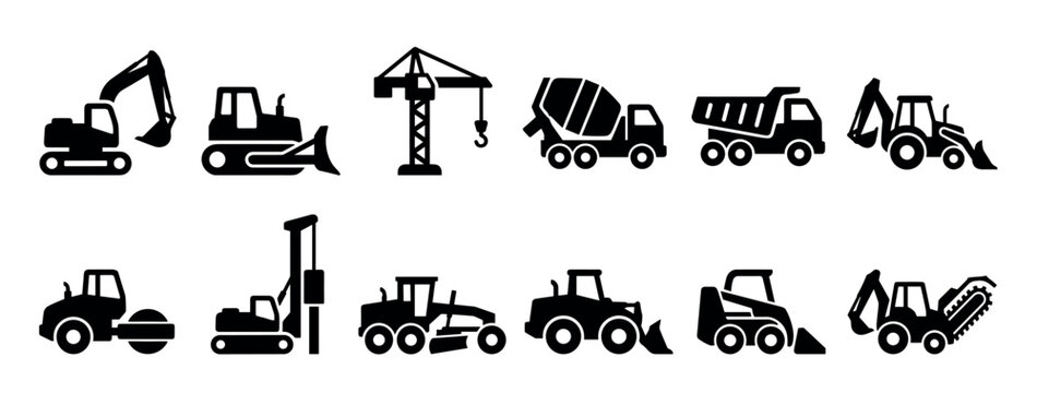 Black silhouette icons of heavy construction machinery featuring a crane, excavator, bulldozer, dump truck, and concrete mixer in a minimalist graphic vector set