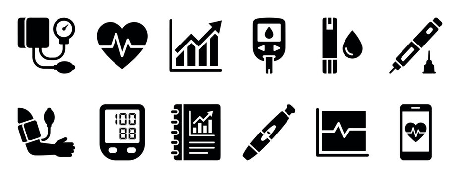 Black silhouette medical icon set for health monitoring, with symbols for diabetes and blood pressure like a glucometer, tonometer, insulin pen, heartbeat graph, and health app