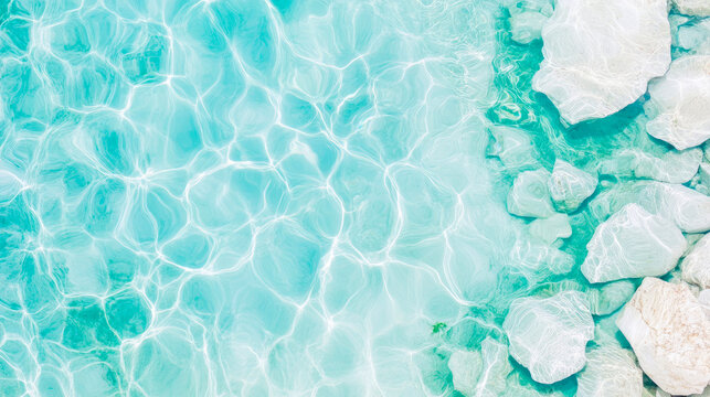 Overhead view of crystal clear turquoise ocean water revealing white smooth rocks beneath surface, illuminated by shimmering sunlight caustics.