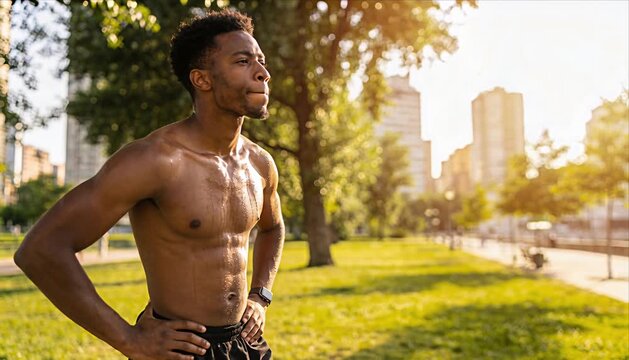 Athlete fit muscular male man adult young outdoor park runner with toned sweaty strong body and balanced proportions African ethnicity urban fitness sunset light focused emotional expression healthy