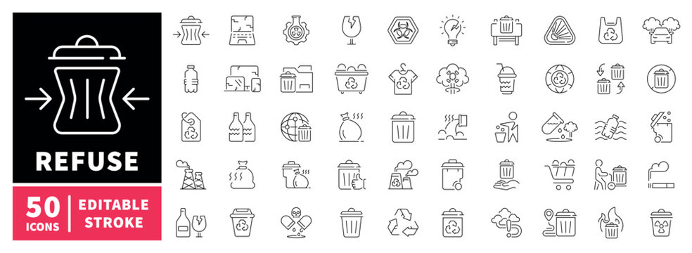 Waste management editable line icons set. Recycling and refuse symbols