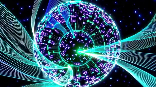A futuristic video visualization of a glowing blue and purple sphere with intricate network patterns and binary code streaming in a dark space video
