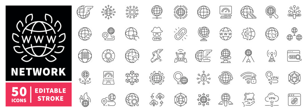 Network editable line icons set: linear, vpn, global, internet symbols