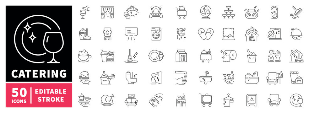 Catering editable line icons set, dining and event symbols, outline style