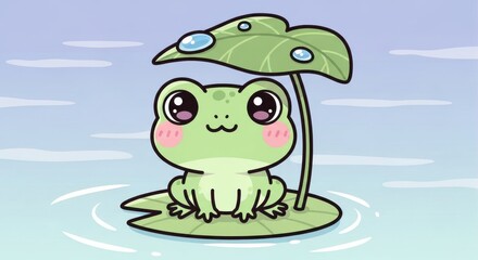 Obraz premium A cute cartoon frog sitting under a leaf umbrella on a lily pad in water with a blue background