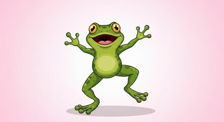Obraz premium A dancing cartoon frog on a pink gradient background with a shadow under him isolated on white background