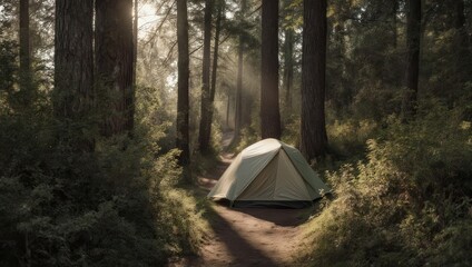 Camping in the Forest - A Tent Amidst the Trees.