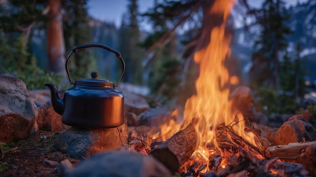 131Metal kettle boiling vigorously over an open campfire, bright orange flames licking the base, glowing embers and burning logs beneath, wild forest surroundings at dusk, outdoor cam