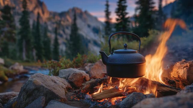 130Metal kettle boiling vigorously over an open campfire, bright orange flames licking the base, glowing embers and burning logs beneath, wild forest surroundings at dusk, outdoor cam