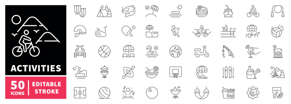 Outdoor fun editable line icons set. Leisure and activities symbols
