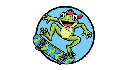A green frog wearing sunglasses skateboarding on blue background