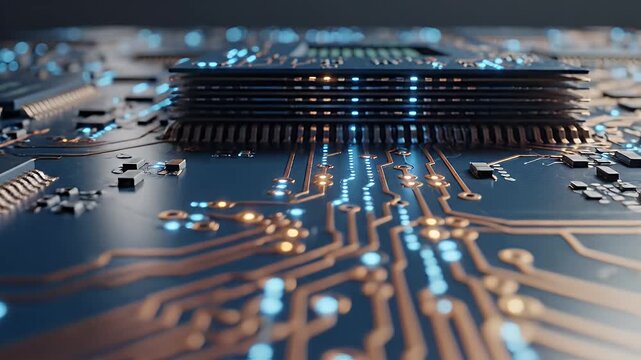 Close-up view of a futuristic electronic circuit board with illuminated pathways