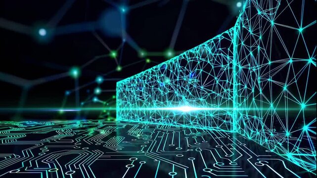 A futuristic video visualization of a 3D digital pyramid structure with neon blue lines and nodes on a dark background with circuit board patterns