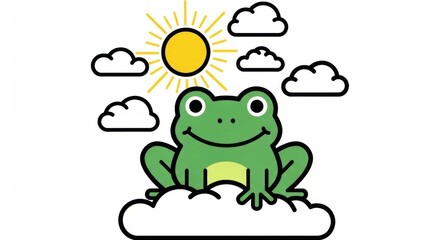 Obraz premium A cartoon frog sitting on a cloud under sunny sky with clouds