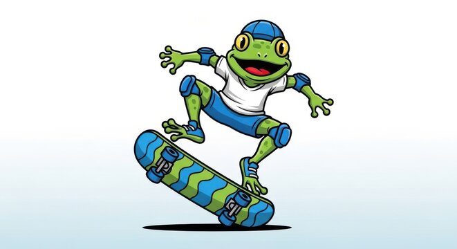 A green frog wearing a helmet and knee pads skateboarding on a blue skateboard isolated on white background