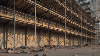 Construction site with scaffolding and concrete walls under construction.