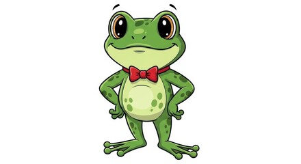 Obraz premium A green frog wearing a red bow tie standing on a white background looking confident