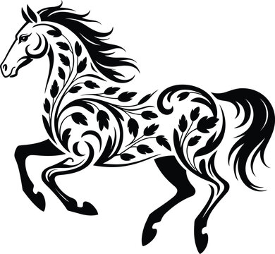 Decorative Floral Horse Silhouette: Ornamental Tattoo Style Vector.