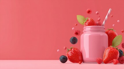 Berry Bliss Smoothie: A vibrant composition of a pink smoothie in a jar, adorned with fresh strawberries, raspberries, and blueberries, alongside a straw.
