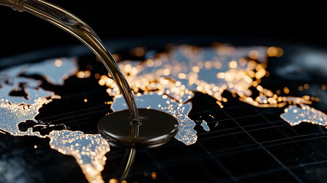 155Heavy crude oil pouring over a glowing world map outline, black liquid contrasting against illuminated continents, symbol of human impact on planet Earth