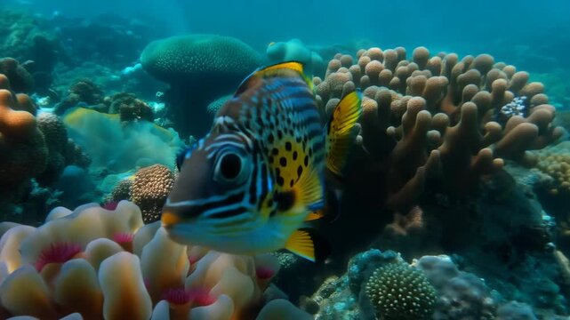 Clown triggerfish swimming near coral reefs in tropical waters underwater marine life observation of colorful spotted fish habitat of exotic marine species
