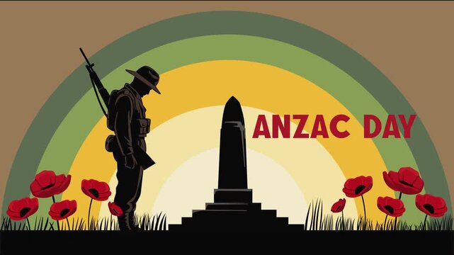 Animated ANZAC Day Soldier Bowing Head at War Memorial with Poppies and Sunrise Illustration