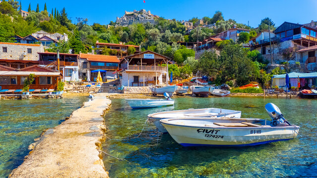 Kalekoy, Demre, Turkey - June 14, 2025: Simena Castle is an ancient Lycian fortress in Kalekoy village of the Demre district in the Antalya Province of Turkey.