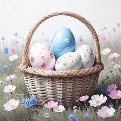 Fototapeta premium Panier en osier contenant des oeufs de Pâques décorés posé dans un champ fleuri. Generated Image. 