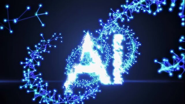 A futuristic video showcasing a neon AI logo glowing brightly in a dark background with a swirling circle of light, representing artificial intelligence and technology