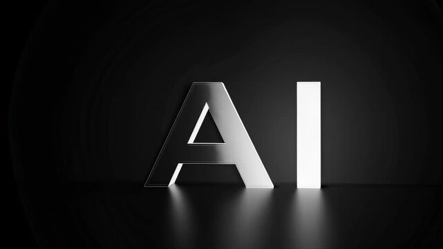A video showcasing a bright white AI sign on a dark background with a subtle reflection